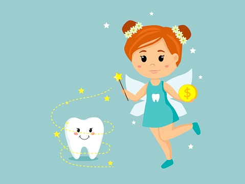 Vector Illustration of a cute Tooth Fairy flying with a magic wand and tooth