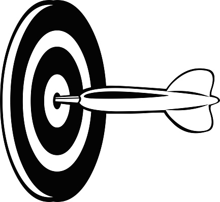 Vector illustration of a dart on a game board, drawn in black and white