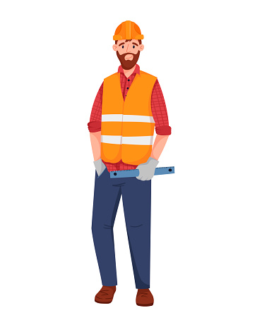 Vector illustration of a full-length male worker wearing a orange reflective work vest. A road or construction worker in a safety helmet is holding a ruler in his hands. Bright cartoon illustration.