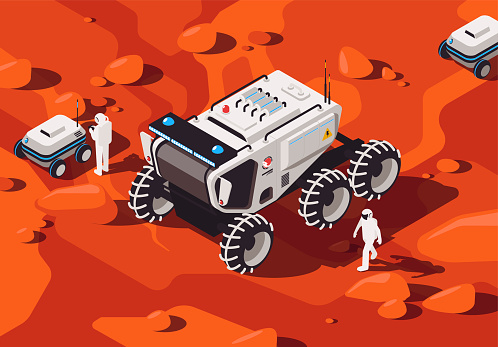 Vector illustration of a futuristic passenger rover with people and drones on wheels in the style of isometry on the Martian surface, a research mission on Mars