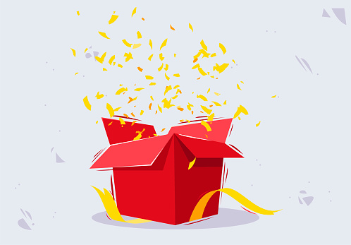 vector illustration of a golden confetti flying out of an open red gift box with gold ribbons