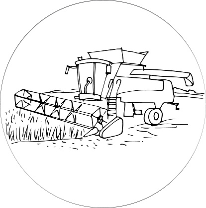Vector illustration of a harvester in the field collects a crop of wheat doodle style