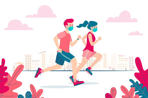 Vector illustration of a man and woman running and wearing a face mask because of the coronavirus and the new normality