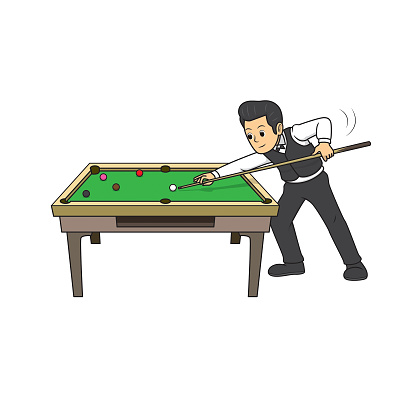 Vector illustration of a man playing snooker billiards game isolated on white background. Sport competition or training concepts. Kids coloring page. Color cartoon character clipart.