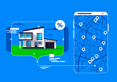Vector illustration of a map of the area on the smartphone screen with the locations of houses for sale, a detailed description of a modern country two-storey house, real estate for sale