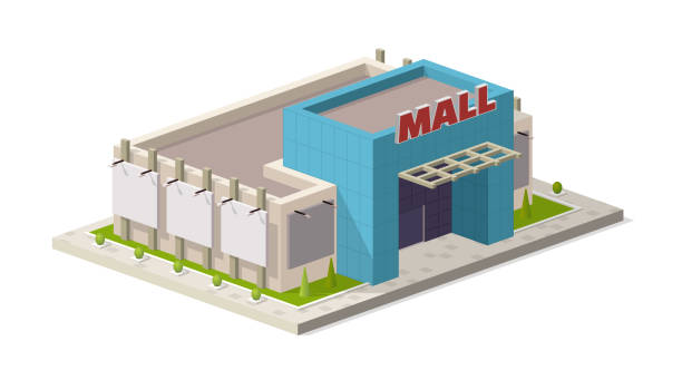 ilustrações de stock, clip art, desenhos animados e ícones de a vector illustration of a modern shopping center. isometric shopping mall building illustration - shopping
