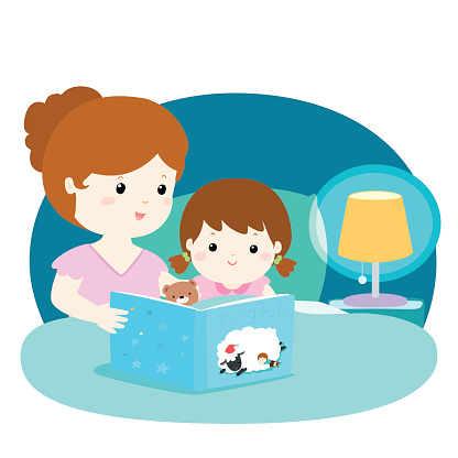 A Vector Illustration Of A Mother Reading A Bedtime Story To Her Daughter Stock Illustration - Download Image Now - iStock