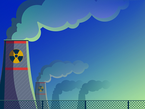 Vector illustration of a nuclear power plant - Pipes with smoke and radiation sign.