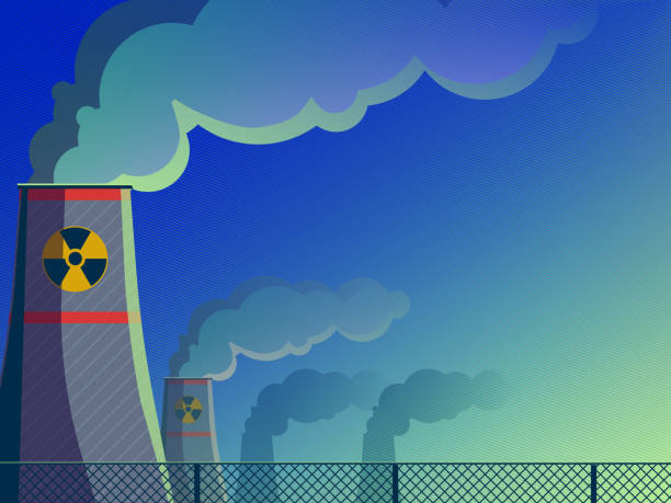 bildbanksillustrationer, clip art samt tecknat material och ikoner med vector illustration of a nuclear power plant - pipes with smoke and radiation sign. - nuclear power plants