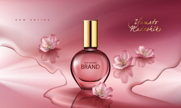 ilustrações, clipart, desenhos animados e ícones de ilustração em vetor de um perfume de estilo realista em um frasco de vidro em um fundo rosa com flores de sakura - perfume