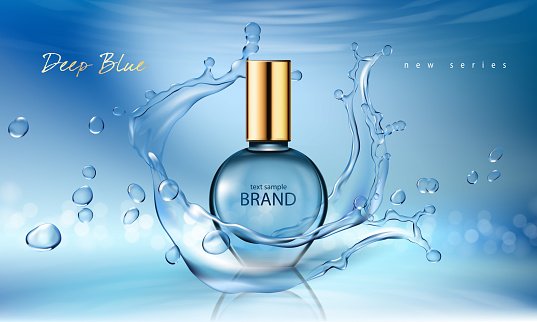 Vector illustration of a realistic style perfume in a glass bottle on a blue background with water splash