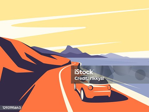 istock Vector illustration of a red car moving along the ocean mountain road 1293195643