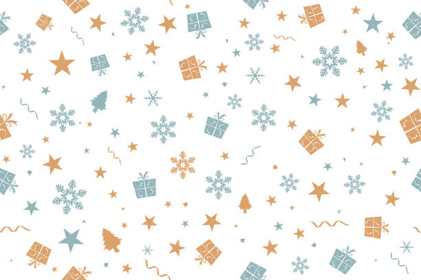 Vector Illustration of a seamless Xmas background. Vintage colors  pale blue green and dull orange brown party and celebration elements like swirls, wrapped up gift boxes, pentagram stars, snowflakes, christmas trees, dots of different over white Vector Illustration of a seamless Xmas background. Vintage colors  pale blue green and dull orange brown party and celebration elements like swirls, wrapped up gift boxes, pentagram stars, snowflakes, christmas trees, dots of different sizes , confetti, over white. No text, no people, Can be used as a Christmas background, gift wrapping sheet or New Year celebration backdrop. The gift boxes are wrapped up by a ribbon and tied into a two looped bow with forked ends. The gift boxes have a dotted curved pattern detail. gift patterns stock illustrations