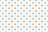 Vector Illustration of a seamless Xmas background. Wrapped up Gift boxes in Vintage colors, pale blue and dull orange brown party and celebration theme.  ruffled lines forming squares on white background. No text, no people,  Can be used as a wallpaper, Christmas background, gift wrapping sheet or Birthday or  New Year celebration background. The gift boxes are wrapped up by a ribbon and tied into a two looped bow with forked ends. Each gift box has four dotted curved patterns detail.The ruffled lines are lined up horizontally and vertically forming squares and small size gift boxes/ presents are placed at the corners and in the center / centre/ middle of each square