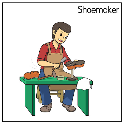 Vector illustration of a shoemaker, cobbler isolated on white background. Jobs and occupations concept. Cartoon characters. Education and school kids coloring page, printable, activity, worksheet, flashcard.