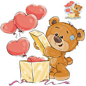 Vector illustration of a teddy bear opens a box with balloons in the shape of a heart. Template for greeting card with Valentines day