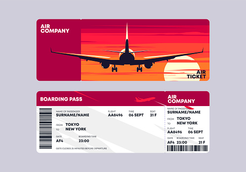 Vector illustration of a template for a boarding ticket for an airplane, a plane taking off, a rear view, against a sunset background