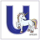 Vector illustration of a Unicorn standing isolated on white background. With the capital letter, U for use as teaching materials Let children get to know the English alphabet.