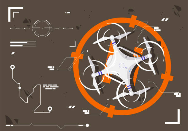 Vector illustration of a white quadcopter drone in a parking lot, top view, with a futuristic linear design of interface elements Vector illustration of a white quadcopter drone in a parking lot, top view, with a futuristic linear design of interface elements drone clipart stock illustrations