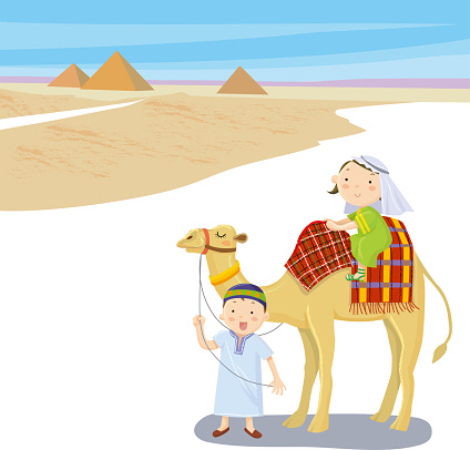 Vector illustration of a woman riding a camel against the backdrop of the Egyptian pyramids