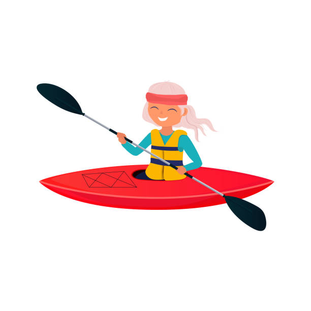 ilustrações de stock, clip art, desenhos animados e ícones de vector illustration of a woman with gray hair floats on a red kayak in cartoon style. young or old woman canoeing and paddle. water activities, sports, outdoor recreation. healthy life style - chalana