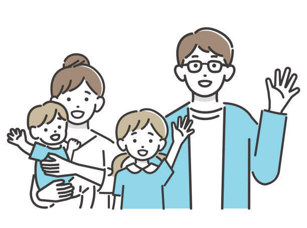 Vector illustration of a young family waving with a smile Material / Simple / Children / Couple / Baby Vector illustration of a young family waving with a smile Material / Simple / Children / Couple / Baby cartoon of the family reunions stock illustrations