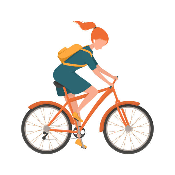 stockillustraties, clipart, cartoons en iconen met vector illustration of a young girl rides a bicycle in a dress and with a backpack. a student or schoolgirl goes to class. woman cyclist riding a bicycle - fietsen strand
