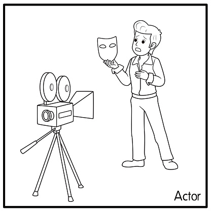 Vector illustration of actor isolated on white background. Jobs and occupations concept. Cartoon characters. Education and school kids coloring page, printable, activity, worksheet, flashcard.