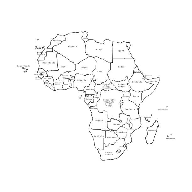 stockillustraties, clipart, cartoons en iconen met vector illustratie van afrika zwarte omtrek kaart met landen. vector kaart. - gabon