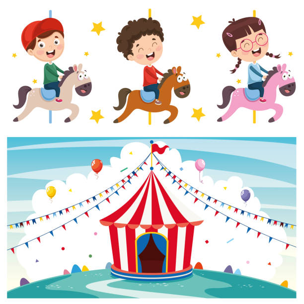 Vector Illustration Of Amusement Park Vector Illustration Of Amusement Park carousel horses stock illustrations
