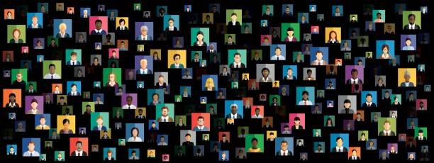 Vector illustration of an abstract scheme, which contains people icons Social network scheme, which contains flat people icons. black background illustrations stock illustrations