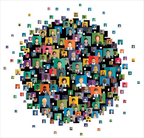 Vector illustration of an abstract scheme, which contains people icons Social network scheme, which contains flat people icons. ethnicity stock illustrations