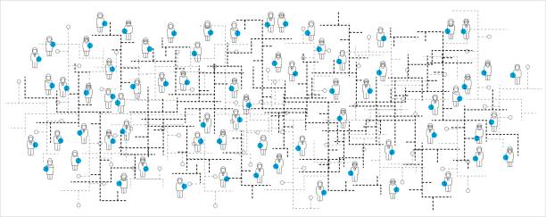 Vector illustration of an abstract social network scheme, which contains people icons connected to each other. Social network –vector illustration in black, white and blue. organizational structure stock illustrations