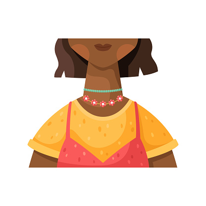 Vector illustration of an African-American girl in fashionable clothes and a beaded necklace. The style of the 90s.