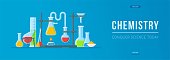 Chemistry Banner. Vector illustration of an experiment in a laboratory. Elixir of youth. Chemical mixture, reagent, reagent, synthesis, quantitative analysis, kachal, test tubes, flasks.