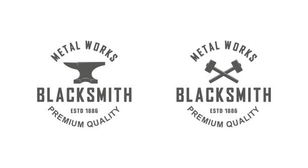 Vector illustration of anvil, crossed hammers and text. Professional metal work Black and white illustration of a set of blacksmith logos on a white background blacksmith stock illustrations