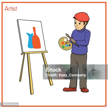 istock Vector illustration of artist isolated on white background. Jobs and occupations concept. Cartoon characters. Education and school kids coloring page, printable, activity, worksheet, flashcard. 1319333506