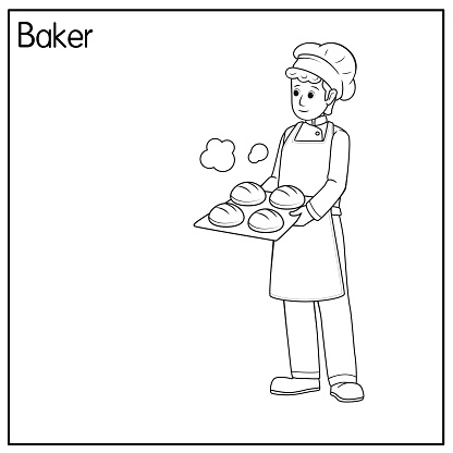 Vector illustration of baker isolated on white background. Jobs and occupations concept. Cartoon characters. Education and school kids coloring page, printable, activity, worksheet, flashcard.