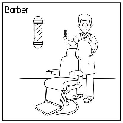 Vector illustration of barber isolated on white background. Jobs and occupations concept. Cartoon characters. Education and school kids coloring page, printable, activity, worksheet, flashcard.