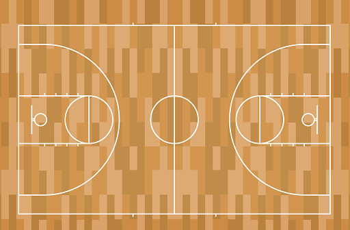 Vector illustration of basketball court with striped floor. Basketball court banner concept with white markings and wood texture.