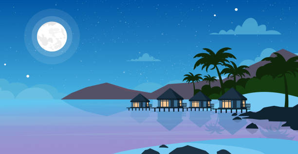 아름 다운 밤 바다 해변 호텔의 벡터 그림. 달과 별 하늘에 밤 시간에 바다 해변에의 작은 빌라 여름 풍경, 플랫 스타일에서 휴가 개념입니다. - 관광 리조트 stock illustrations
