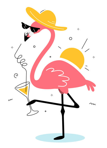 Vector illustration of beautiful pink flamingo in sun hat and sunglasses drinking cocktail and standing on one leg on white background with sun. Vector illustration of beautiful pink flamingo in sun hat and sunglasses drinking cocktail and standing on one leg on white background with sun. Flat style design of flamingo for web, site, banner, card, sticker, print flamingo stock illustrations