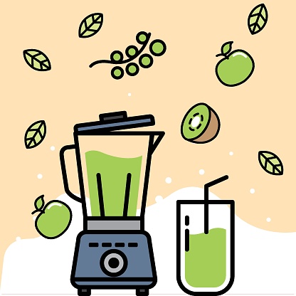 Vector illustration of blender, fruits, vegetables and drinks (green smoothie)