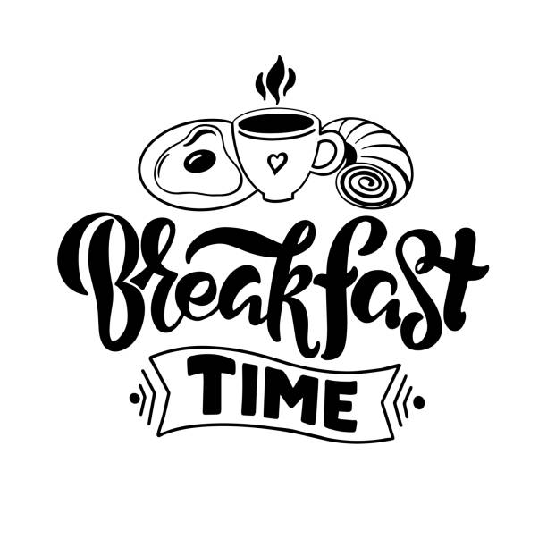 stockillustraties, clipart, cartoons en iconen met vectorillustratie van ontbijt in belettering stijl - kookeiland