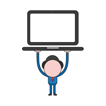 Vector illustration of businessman character holding up laptop computer. Color and black outlines.