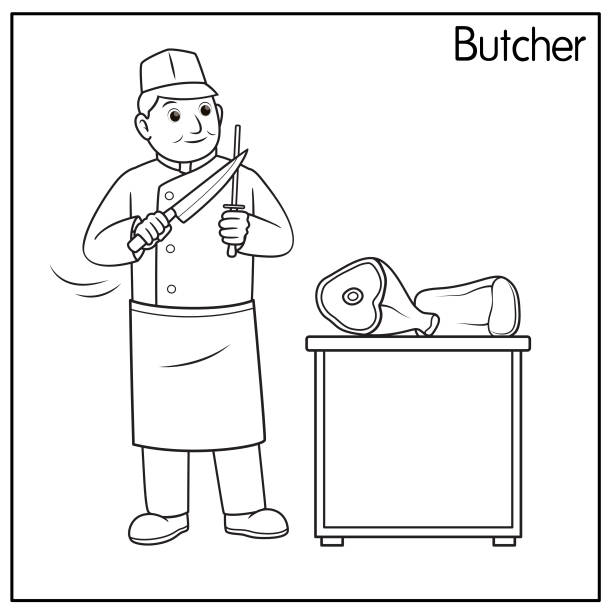 Vector illustration of butcher isolated on white background. Jobs and occupations concept. Cartoon characters. Education and school kids coloring page, printable, activity, worksheet, flashcard. Vector illustration of butcher isolated on white background. Jobs and occupations concept. Cartoon characters. Education and school kids coloring page, printable, activity, worksheet, flashcard. printable cow stock illustrations