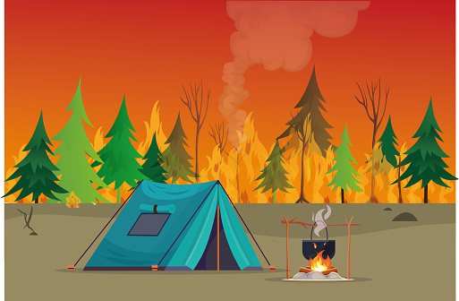 Vector of forest fire, picnic and tent with no distant buildings in the city center. A fire created by people who opened fire without permission in places where trees are common in the mountainous climate zone. The fire is lit by unconscious and unfriendly people. The destruction of the forest and nature, the disappearance of the concept of wild and natural life.