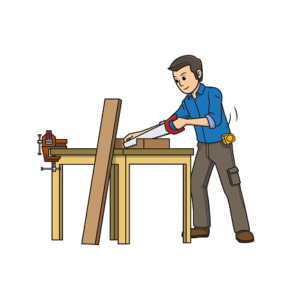 Vector illustration of carpenter isolated on white background. Jobs and occupations concept. Cartoon characters. Education and school kids coloring page, printable, activity, worksheet, flashcard.