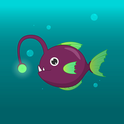 Vector illustration of cartoon angler fish in the deep of ocean