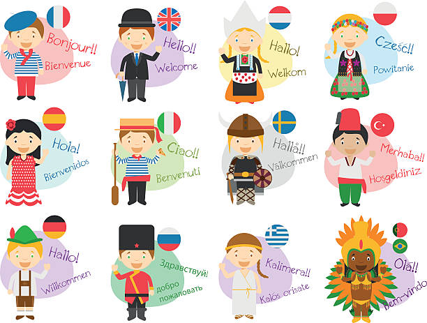 vector illustration of cartoon characters in 12 different languages - seyahat noktaları illüstrasyonları stock illustrations